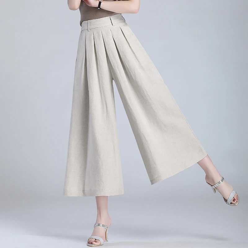 Linen nine point wide leg pants for women in spring 2024 thin pants leather high waisted eight point pants casual loose pants cotton linenXJ250403