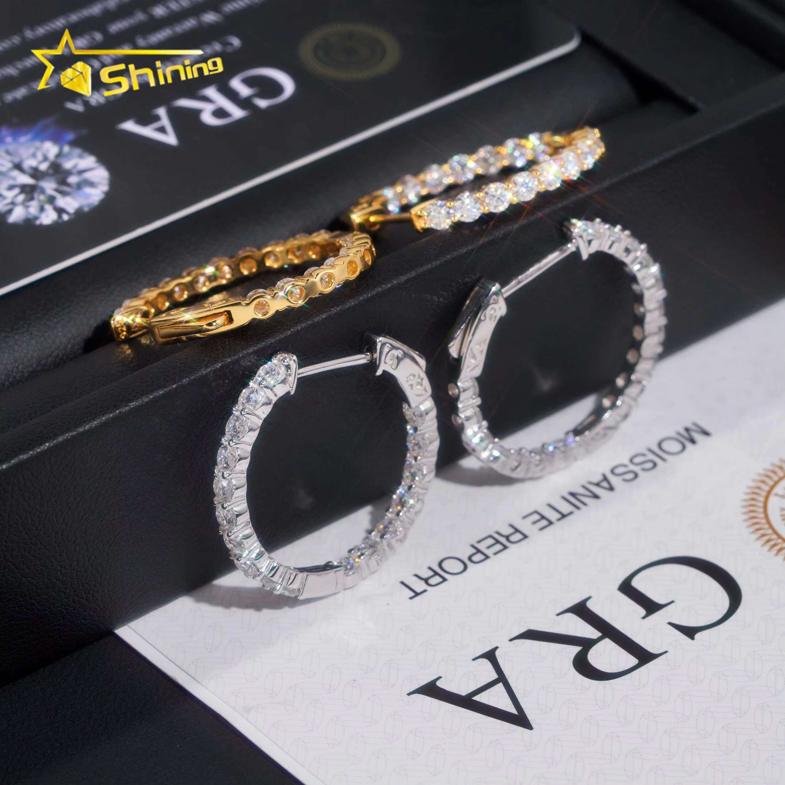 Ready to Ship Hip Hop Jewelry 925 Silver Gold Plated Inner Fully Iced Out Moissanite Stud Earrings Hoop Earrings With GRA