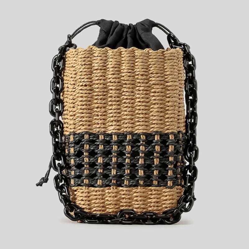 Female Summer Square Straw Design Acrylic Chain Women's Drawstring Shoulder Bohemian Bali Vacation Travel Beach Bag