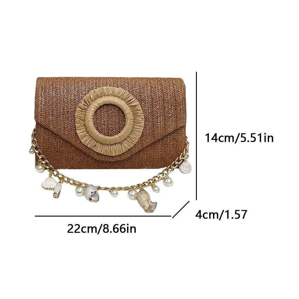 Women Elegant Straw Handbag Large Capacity All-Match Shell Clutch Stylish Knit Evening Travel Shopping Commute Bag