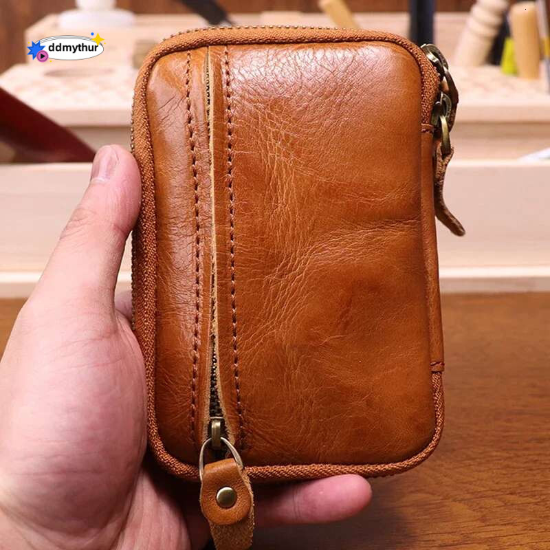 2024 Genuine Leather Wallet Men Women Short Vintage Handmade Zipper Car Key Card Holder Coin Purse Bag Organizer Housekeeper ddmythur