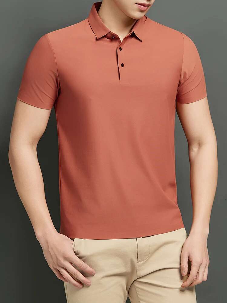 Plus Size M-8xl Mesh Ice Silk Short-Sleeved T-Shirt 2025 Summer Men's Shirt 7xl 6xl Orange Red Solid Color Slip High-End Polos