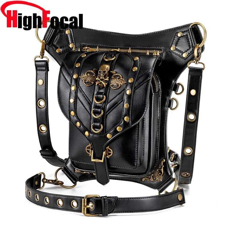 HIGHFOCAL New Women Shoulder Diagonal Female Black Skull Head PU Outdoor Close-Fitting Waist Bag Multifunction Bags