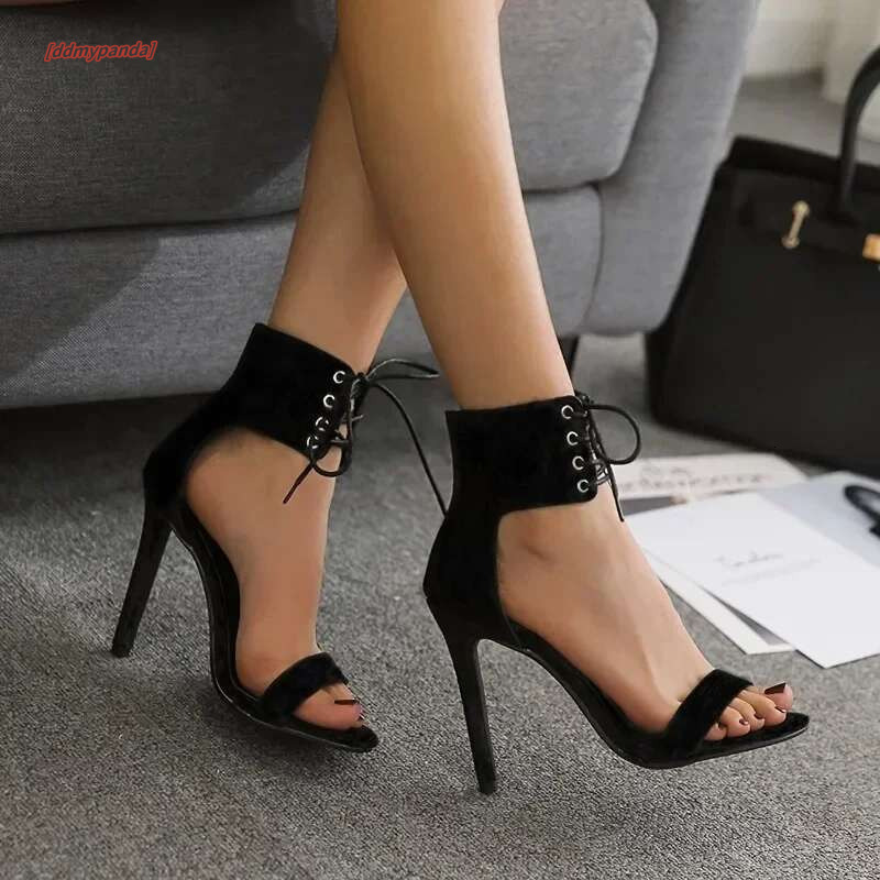 Black Gladiator Sandals For Women 2024 Summer Sexy Open Toe Belt Buckle Cover Heeled Thin High Heels Shoes Club Party Pumps ddmypanda