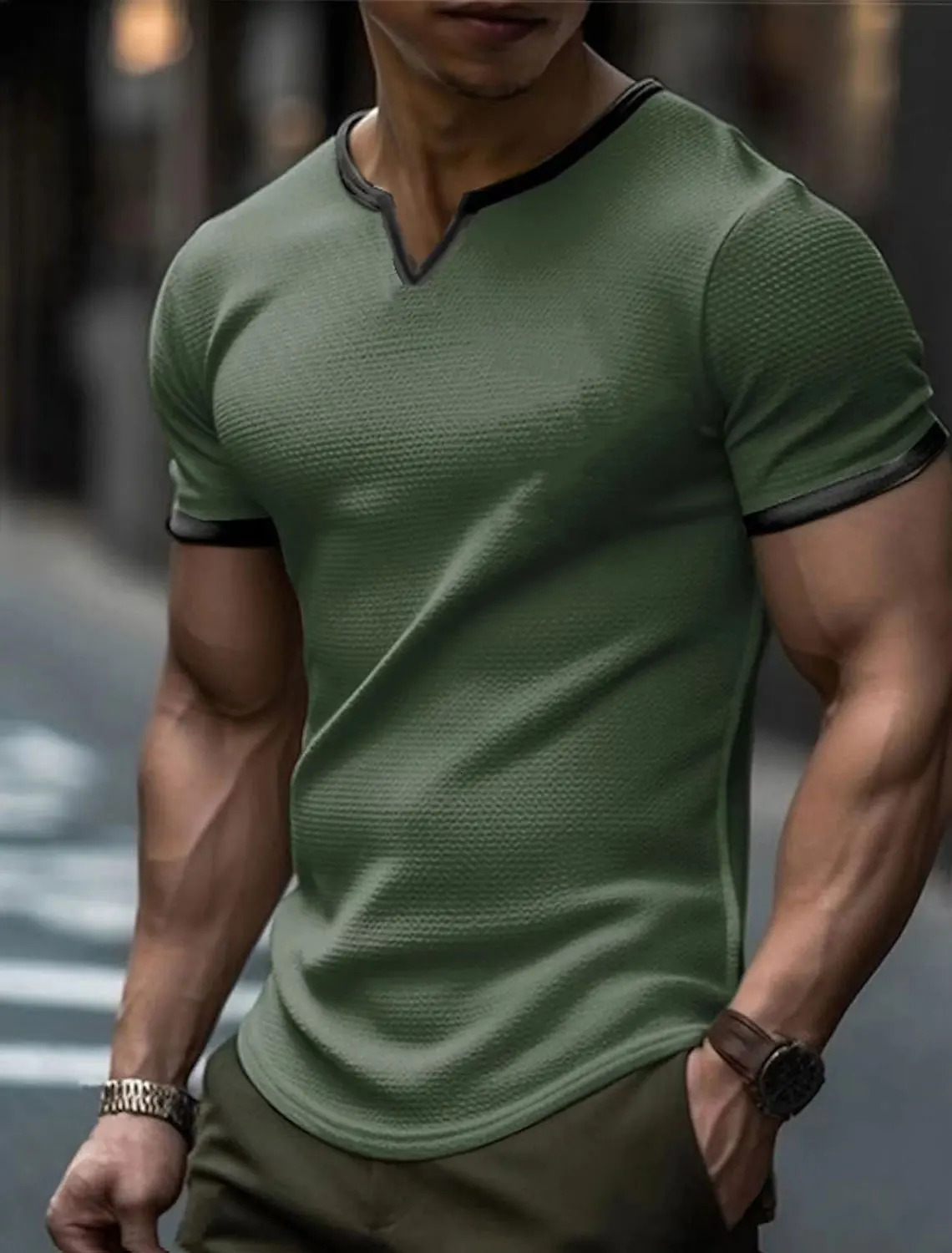 Mens T-shirt V-neck waffle solid color short sleeved loose top mens solid color patch work casual ultra-thin T-shirt 250402