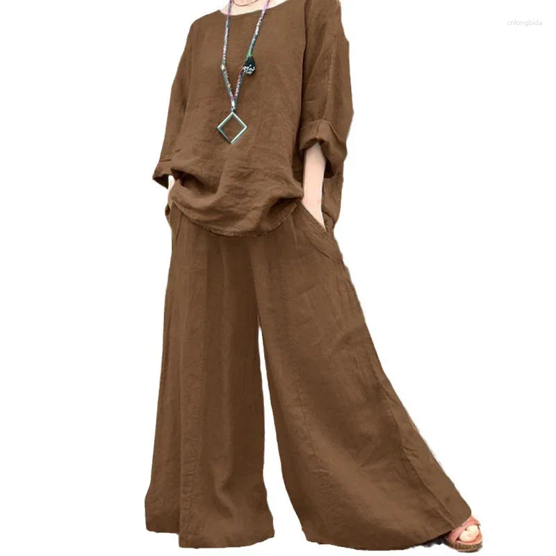 Work Dresses Casual Loose Long Sleeve Cotton Linen Shirt Pants Set Women's Fashionable Color Block Outfit Autumn Winter Collection