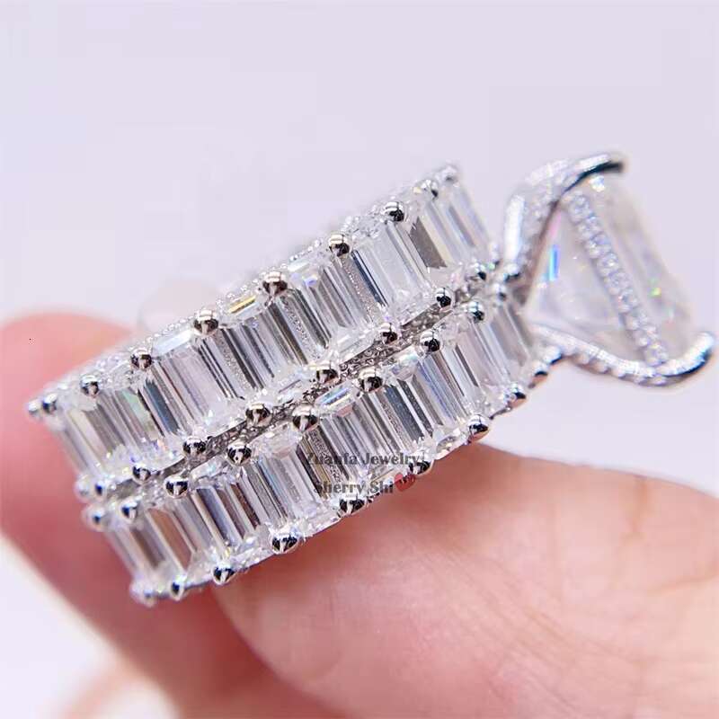 Women Wedding Jewelry 925 Silver White Gold Baguette Cut Ring Band Engagement Ring Set