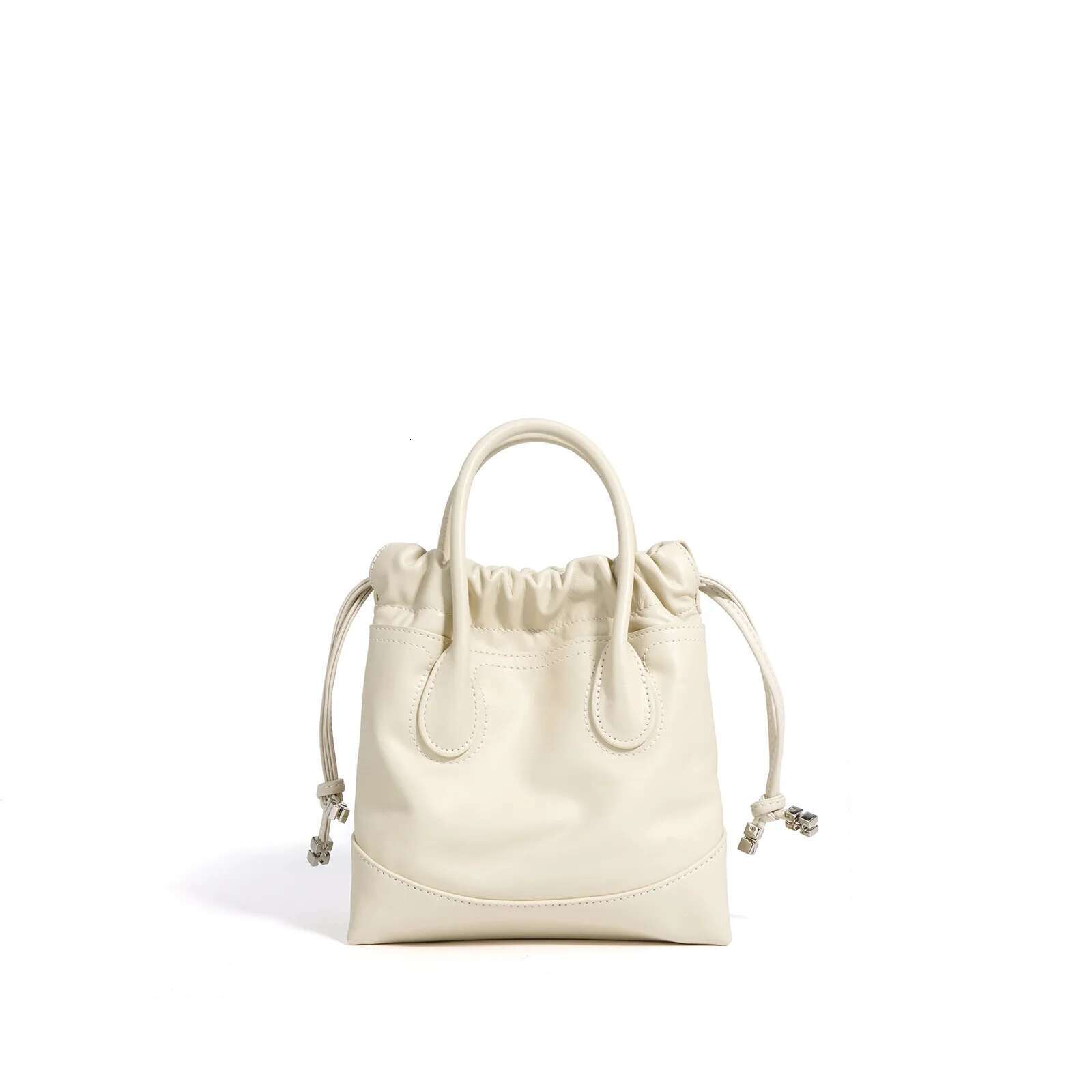Fashion Lady Real Leather Ruched Bucket Pouch Purse For Women Chic Casual Drawstring Bag With Double Pocket