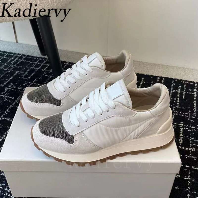 Sneakers For Women Round Toe Lace Up Running Female String Bead Cow Suede Patchwork Flat Sports Shoes Woman