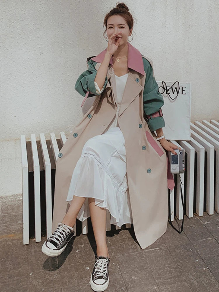Medium length windproof jacket womens revolving door collar autumn loose and fashionable color comparison top simple 250409