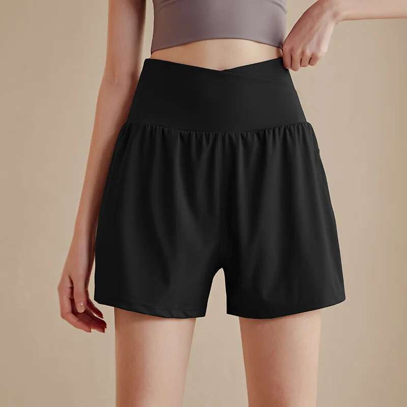 Fake 2-piece Sports Women With Pockets Anti-Shine Quick Dry High Waisted Fiess Yoga Pants Training Running Shorts Gym