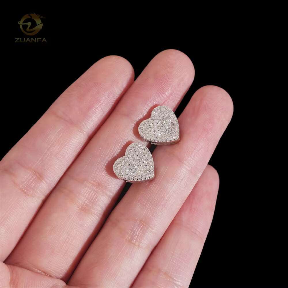 Hot Selling Popular Iced Out Hip Hop 925 Sterling Silver Moissanite Diamond Love Heart Stud Earrings