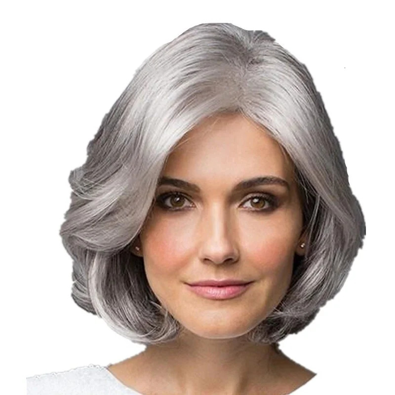 Womens Silver Wave Short Bob Wig Smooth Natural Light Grey Hair Synthetic Wig 250407