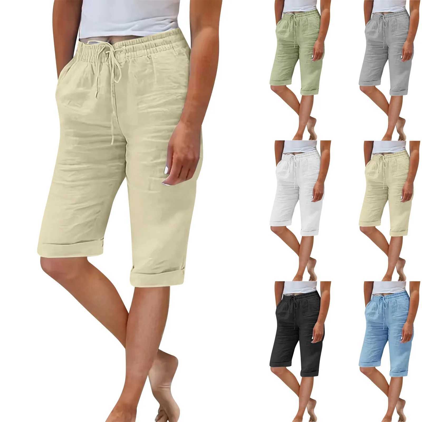 Womens summer elastic waist pocket solid color cotton linen wide leg pants womens loose pantsXJ250403
