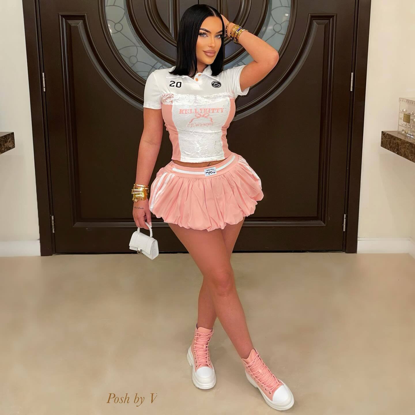 2025S Designer S Summer Lace Letter Printed Buckle Top Waist Fluffy Short Skirt Set For Women