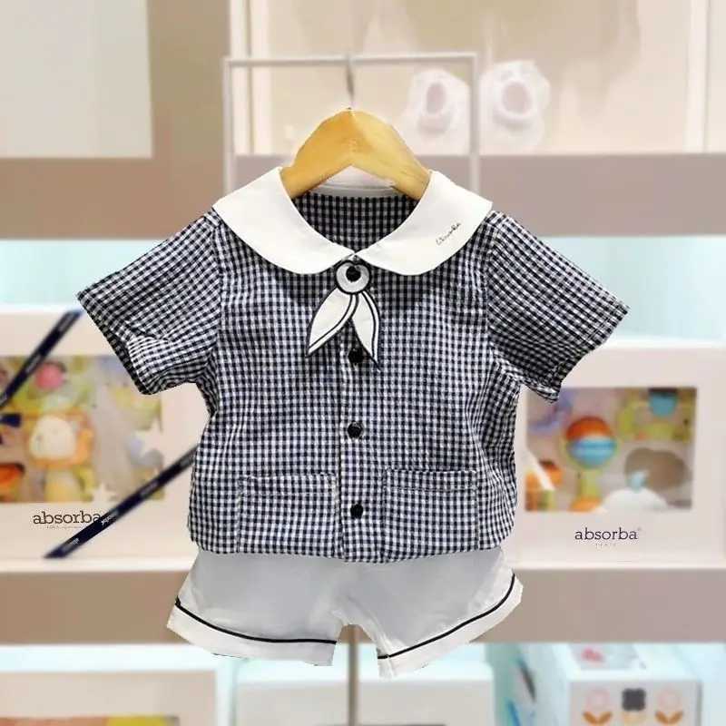 2023 New Summer Childrens Clothing Set Fashion Brother sisters Set Plaid Boys Shirt Two Piece Girls Baby Stripe Dress S2548