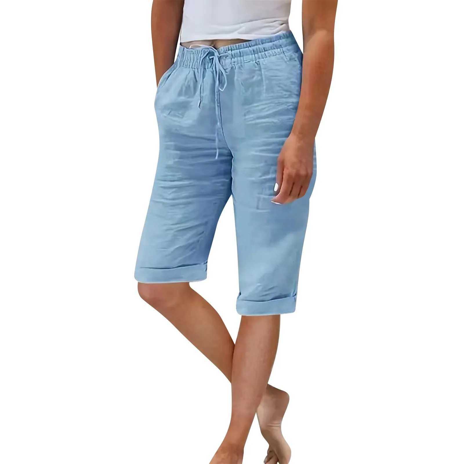 Womens summer elastic waist pocket solid color cotton linen wide leg pants womens loose pantsXJ250403