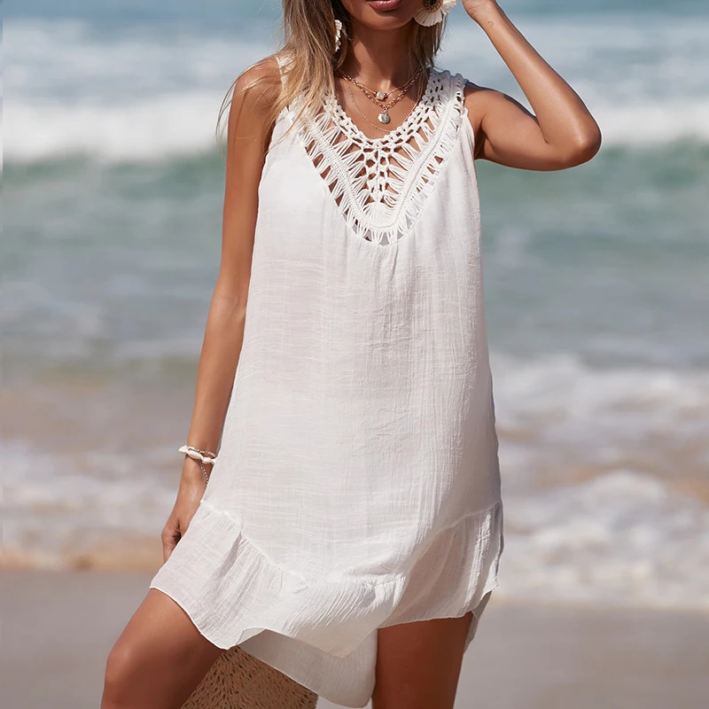 Womens Vneck backless hollow short crochet spliced black fungus dress with colorful ball beach swimsuit cover 250409