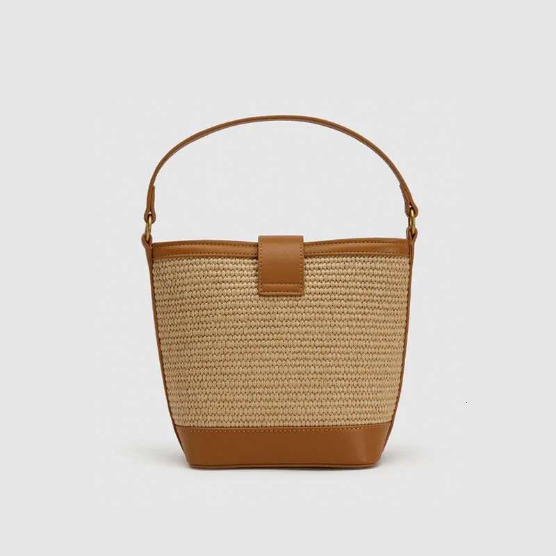 Trendy Women's Weave Bucket PU Leather Patchwork Design Handbag Summer Casual Sg Crossbody Beach Bag