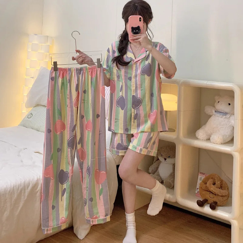 Womens three piece pajamas home wear striped printed dopamine colorful clouds cotton short sleeves girls 250409