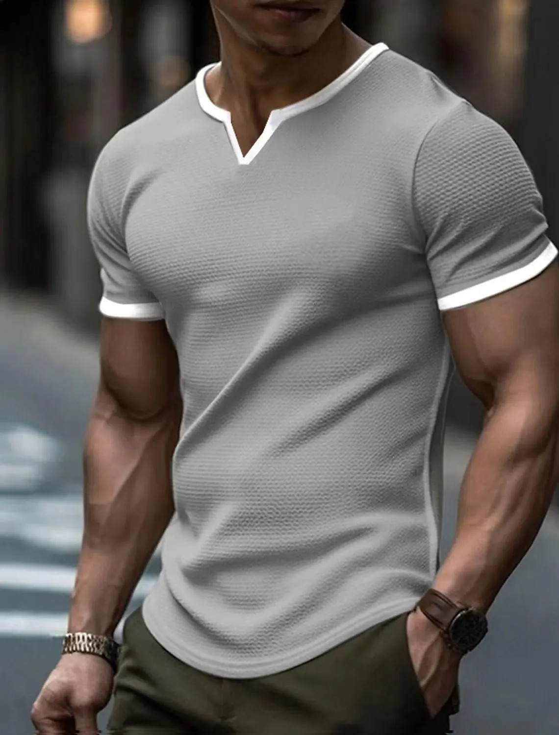 Mens T-shirt V-neck waffle solid color short sleeved loose top mens solid color patch work casual ultra-thin T-shirt 250402