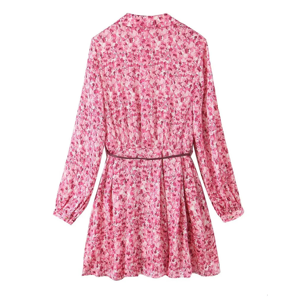 PB ZA Pink Flower Printed Womens Long sleeved Dress with Vneck Belt and Flame Bottom Fashionable Fashion 250409