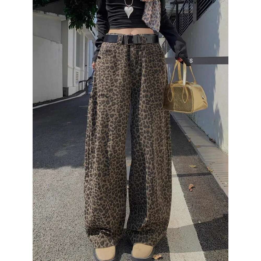 Retro Leopard Print Denim Wide Leg For Women In Spring And Autumn, Loose Fit High Waisted Or Length Pants