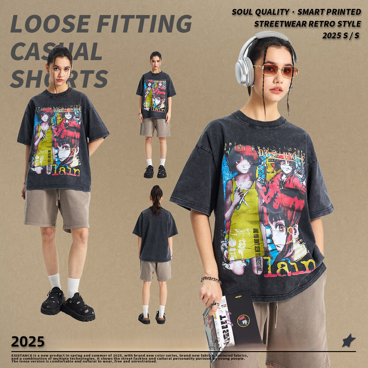 2025 Summer American Trendy Brand Wax 250g Digital Printing Men's Short sleeved Street Washed Casual T-shirt