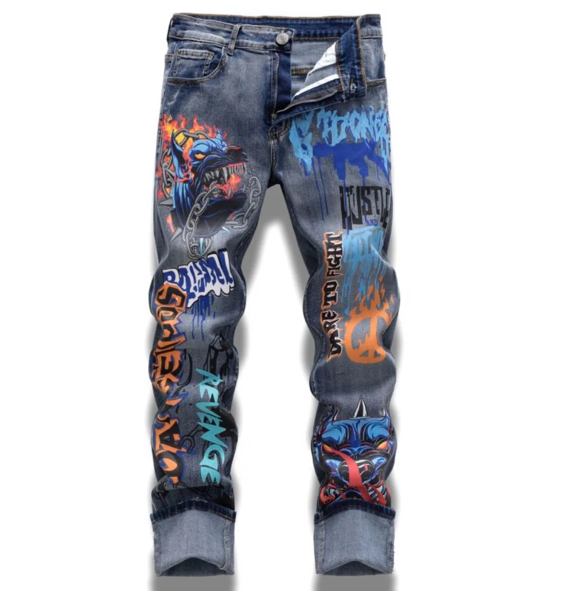 Mens Graffiti Art Denim Jeans Fashion Street Style Distressed Washed Look Comfort Fit for Spring Autumn Mens Graffiti 250408