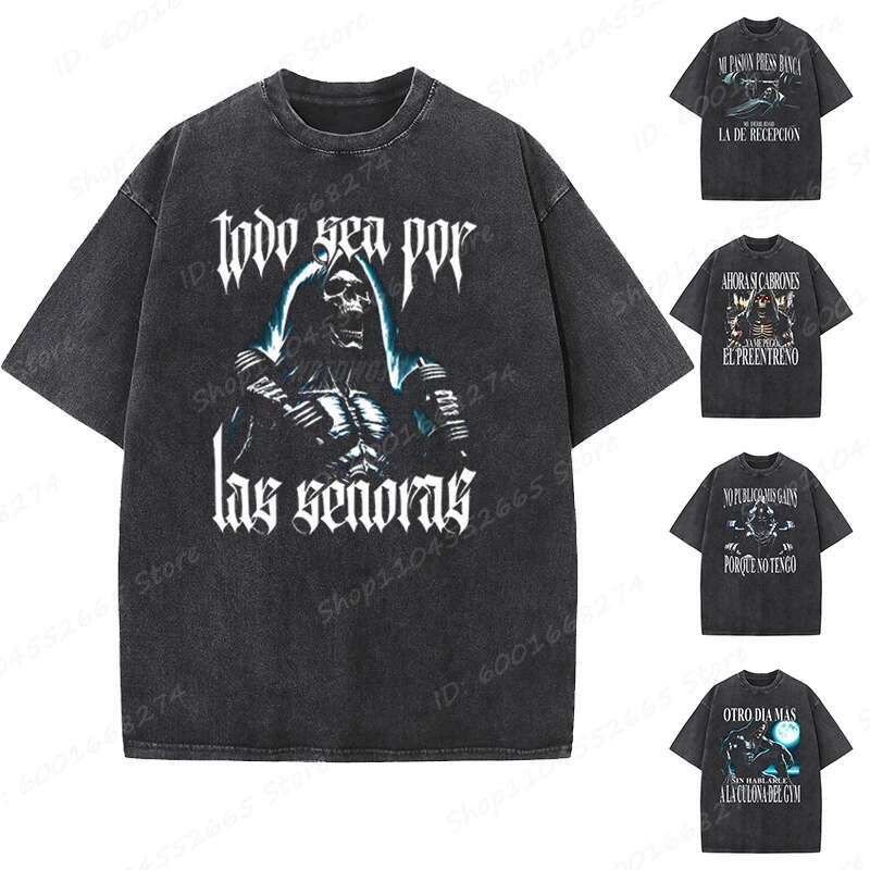 Cool Skeleton & Calacas Chidas Gym T-Shirts Short Sleeve Washed T Shirt Crew Neck Casual Summer Oversized T-shirt Men's Clothing