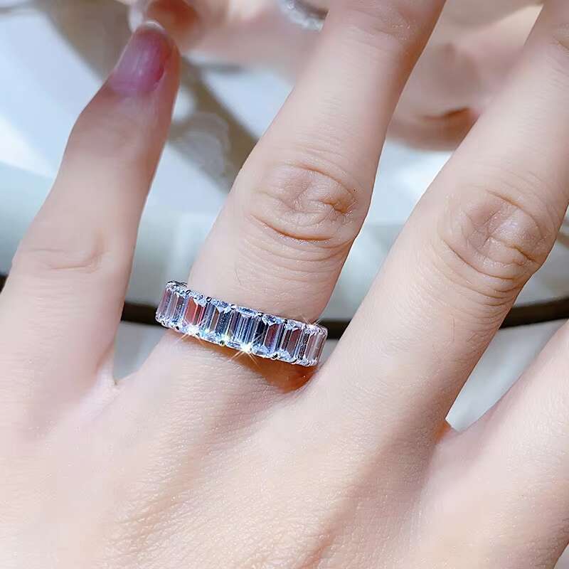 Emrald Cut Moissanite Eternity Band Ring 18K White Gold Plated Brilliant Wedding Jewelry with GRA DEF Unique Selling Points