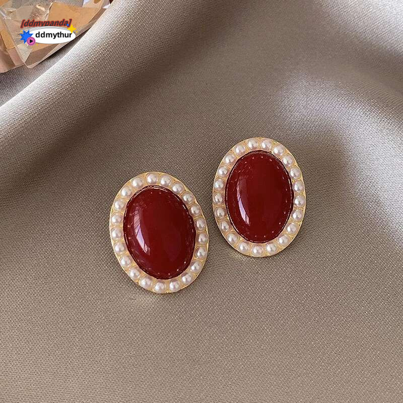 Fashion Geometric Red Enamel Clip on Earrings for Women Female Statement Vintage Fake Without Hole Pearl Earring Jewelry Gift ddmypanda ddmythur