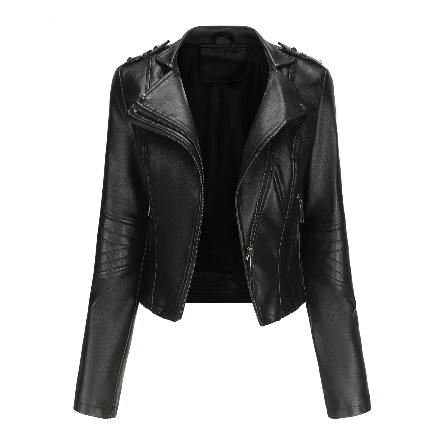 Leather jackets spring womens leather slim motorcycle clothing zipper fashionable and highquality black 250409