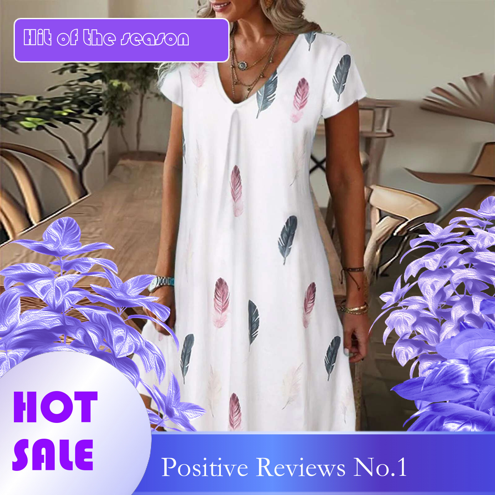 Dongdumaoyi Feather Print Dresses Women Summer Clothing Short Sleeve V Neck Mini Dress Elegant Bohemian Trendy Sundress Beach Vestidos