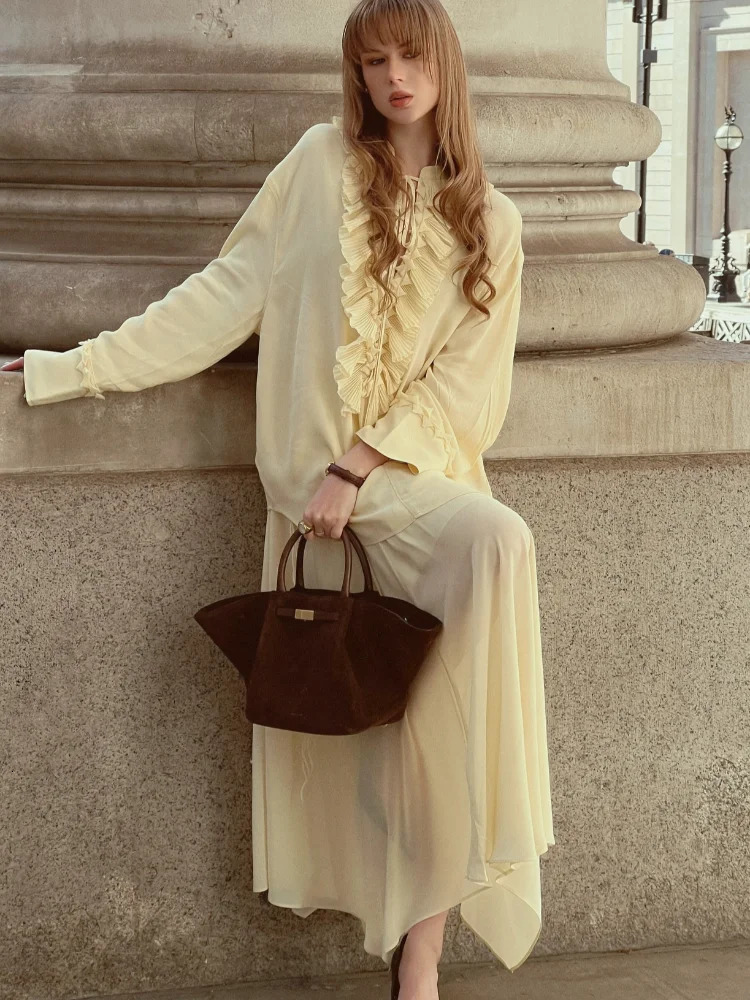 Summer Yellow Tight Clothing Set Fashionable Womens Vneck Lace Top Ruffle Maxi Dress Loose Long Sleeve 2piece 250409