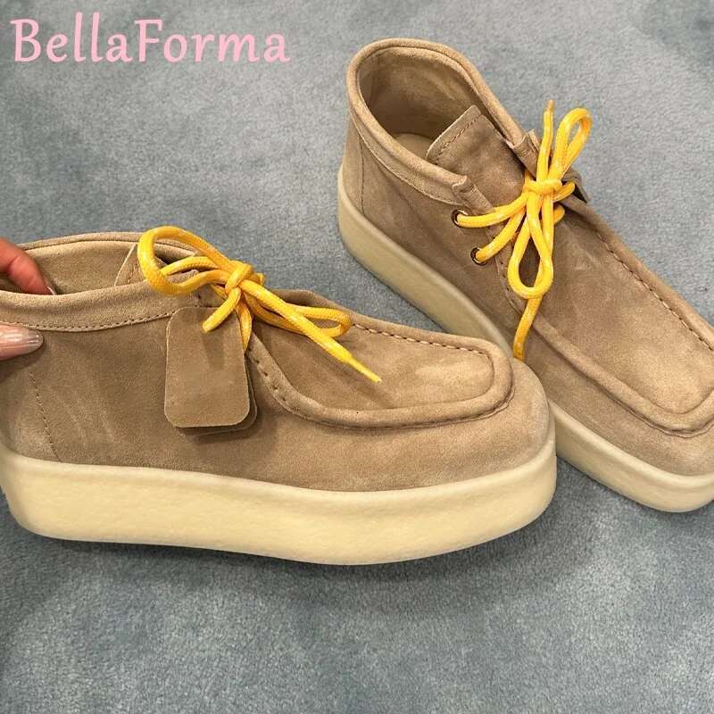 Women's Thick-Soled Square Toe Ankle Boots Warm Comfortable Color Matching Laces Simple Preppy Style Casual Retro Oxford Shoes