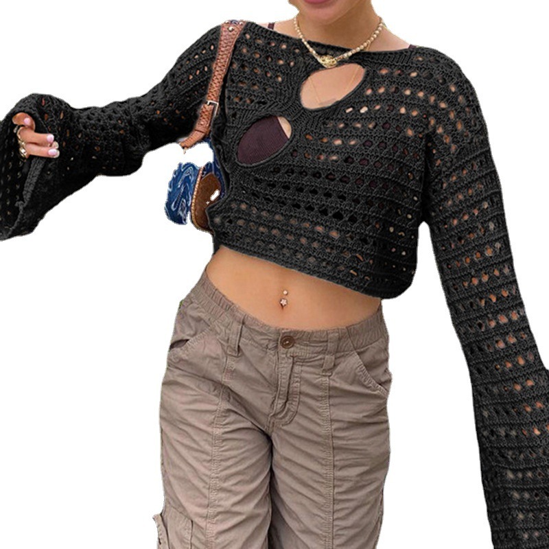 2025 Sexy Perspective Piercing Open Umbilical Hot Girl Top for Outer Wearing Hollow Loose Knitted Womens Dress