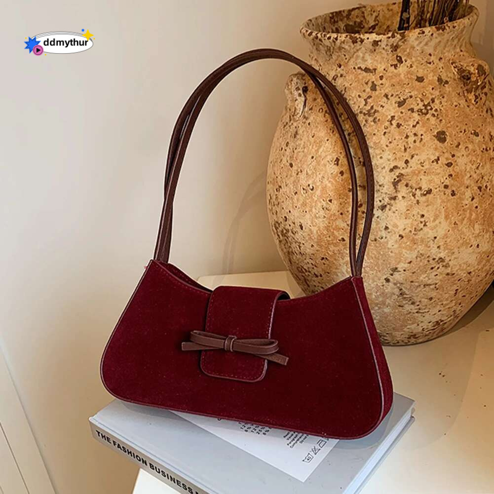 Shoulder Bag Women Trendy Handbag with Zipper Bow Suede Solid Clutch Purse for Work Travel ddmythur