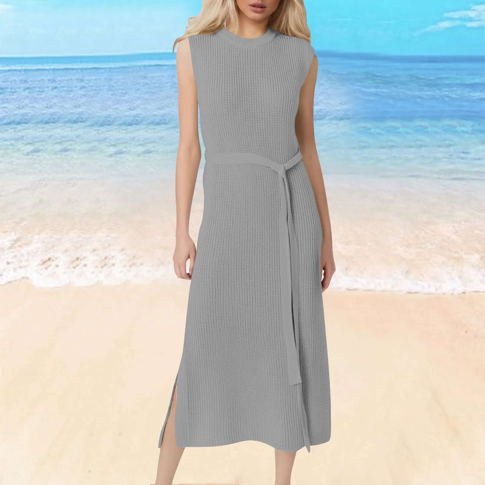 Dongdumaoyi Women Dress Knitted Tank Top Long Round Collar Solid Sleeveless Pleasantly Slim Fit Drawstring Pleated Dresses