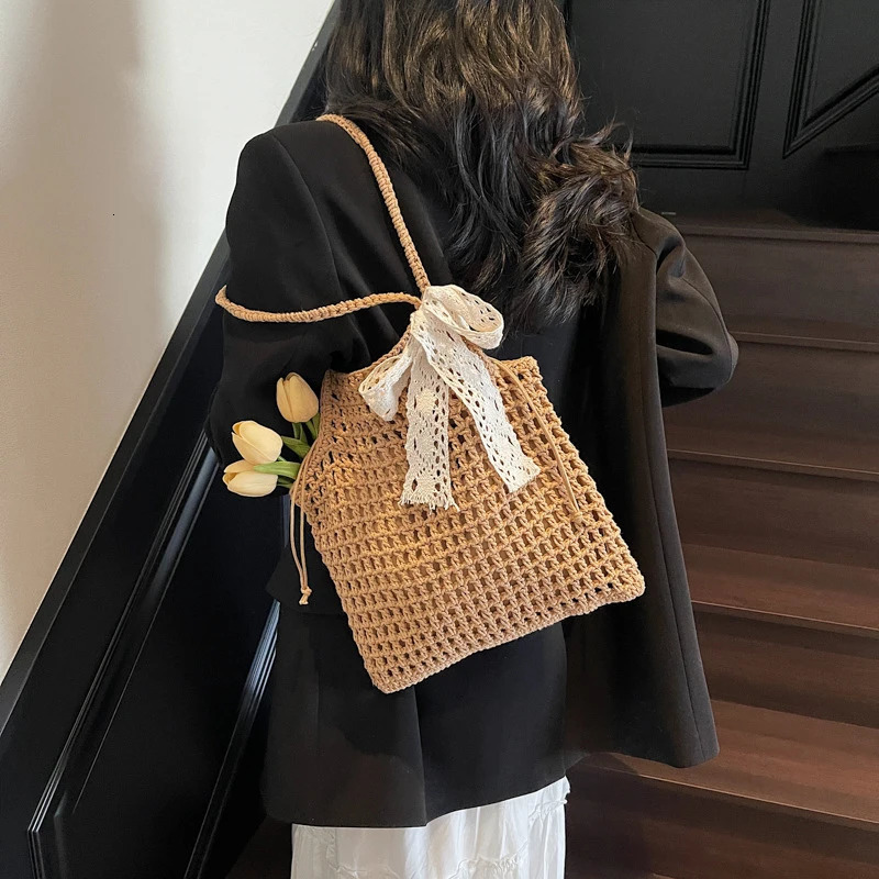 Arrival hollow lace bow shoulder bag womens large capacity straw handbag retro travel beach shopping 250408