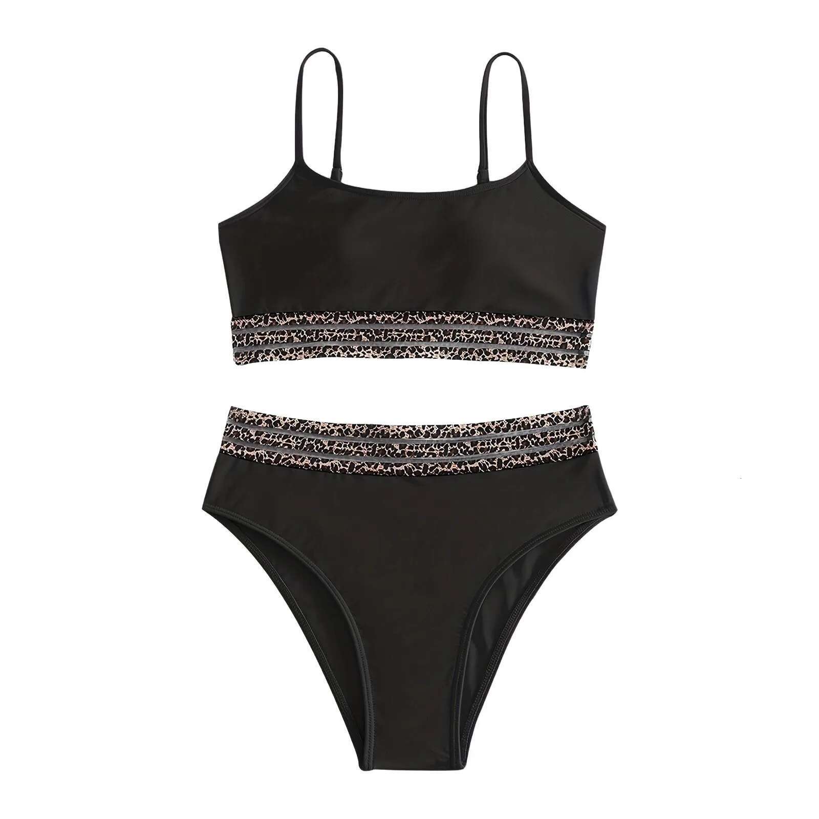 Dongdumaoyi New Bikini Set Leopard Patchwork Piece Swimsuit For Women Sexy Black High Waist U Neck Suspender Backless Bathing Suit