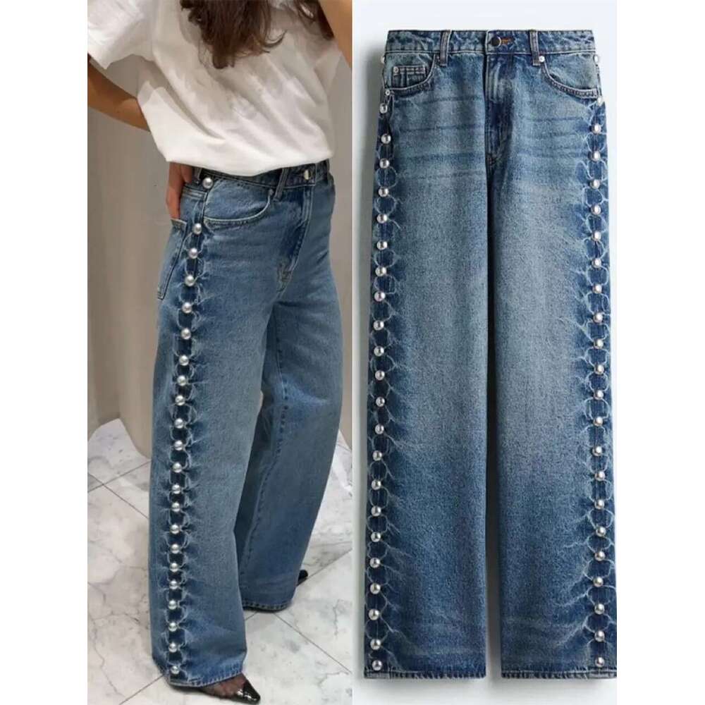 Women's Wear Designer Metal Rivets Women Denim Straight Baggy Waist Jeans Trousers Vintage Distressed Dragging High Street Pants