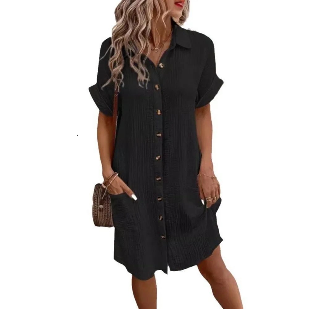Simple Vneck button cotton and linen dress for womens summer shirt 250409