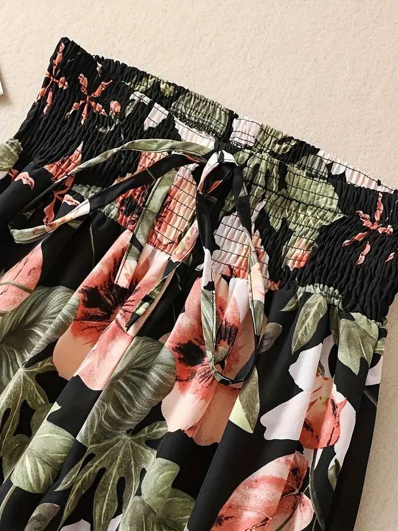 Flower pants for spring and summer thin high waisted thin ice silk elastic flower straight leg womens pantsXJ250403