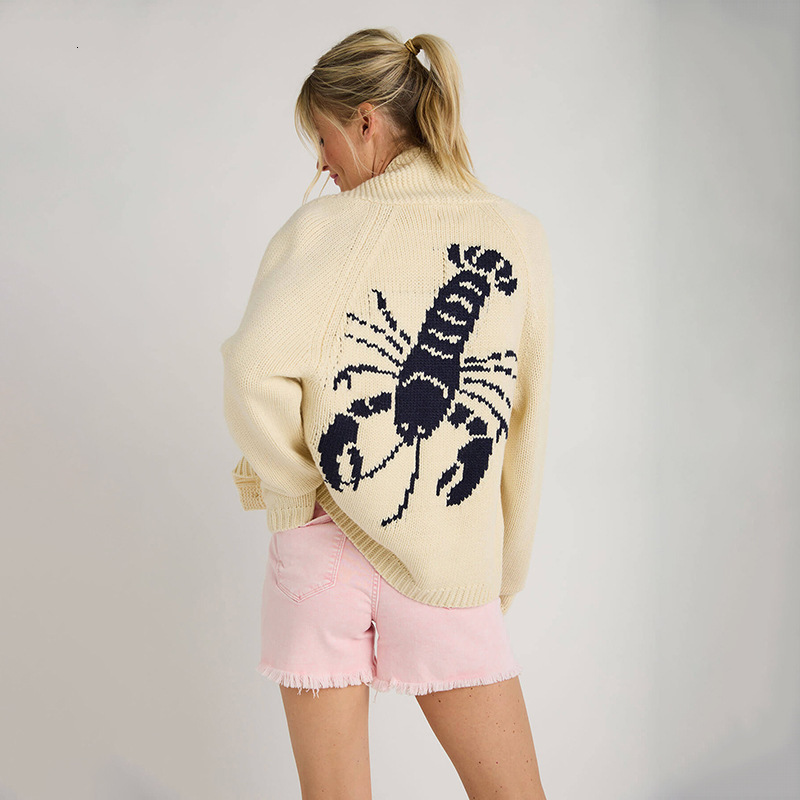 2024 Winter Sweater Womens Casual Commuter Single breasted Cardigan Long Sleeve Shrimp Printed Knitted Cardigan