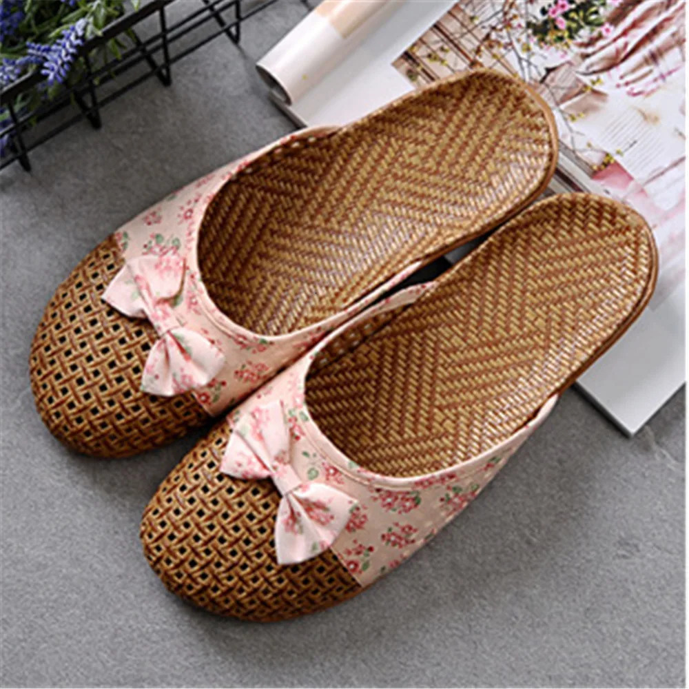 Summer Shose Women Slippers Beach Flip Flops Breathable Linen Flat Female Casual Flax Bow Ladies Sandals Shoes y250304
