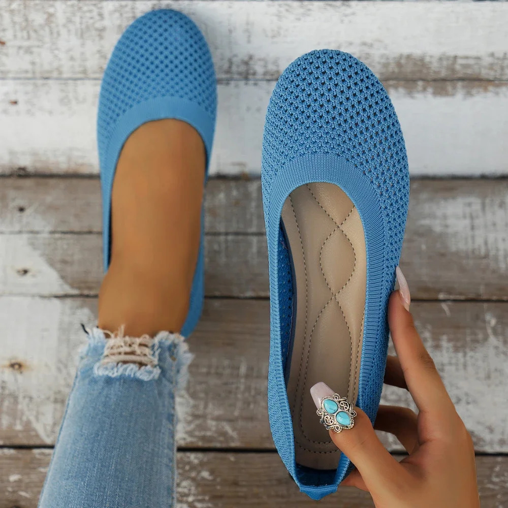 Women Round Toe Flat Shoes Solid Color Knitted Slip on Shoes Casual Breathable Ballet Flats Women Mesh Flat Shoes Loafers Woman 250402