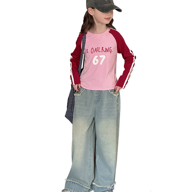 Ddmyshoesvip Girls Bottom Shirt New Girl S Large Color Blocked Long Sleeved T Shirt Children S Spring Korean Short Top