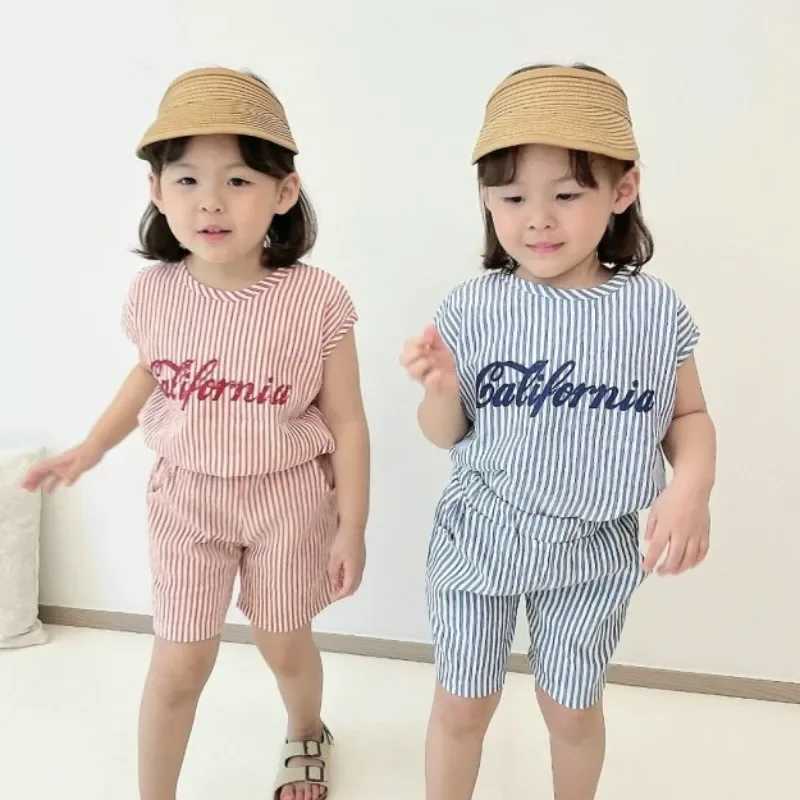 1-6Yrs Baby Boys Striped Summer Track and Field Clothing Childrens Letter Printing Sleeveless Clothing Set Baby 2PCS Korean Summer Fashion Set S2548