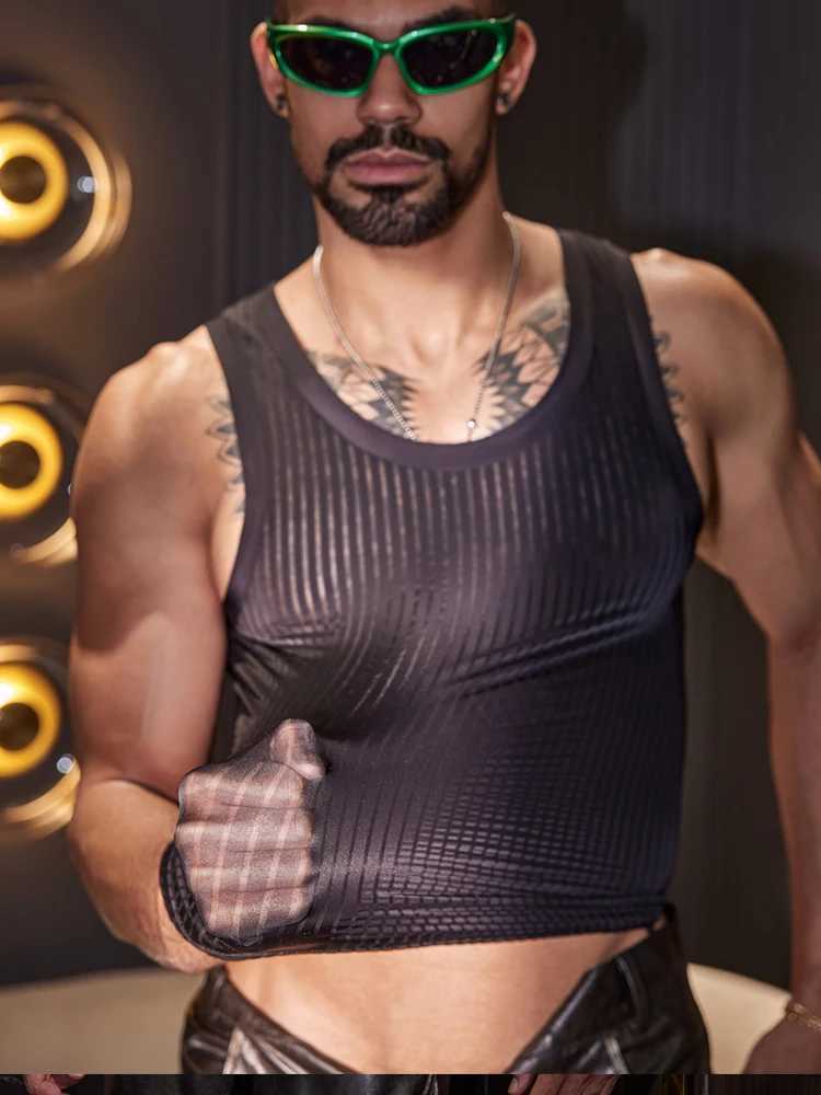 Sexy mens shiny tank top with oil gloss and stripes transparent fashionable high elasticity sleeveless shirtXJ250409
